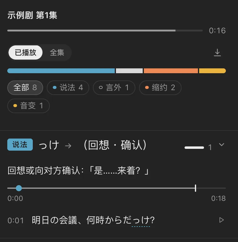 口语本：示例剧第 1 集，已播放进度、类别分布条，展开的「っけ」说法和出现的那一句